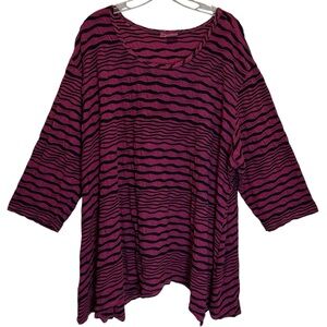 Tianello Raspberry & Black Textured Striped Swing Asbury Tunic 3/4 Sleeves - 3X